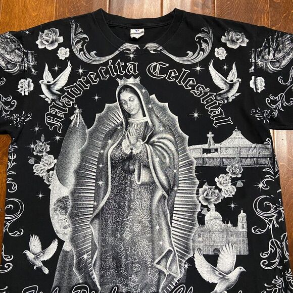 Yazbek Madre Celestial AOP Spanish Pious & Merciful Black Tee Men's Size XL - Picture 2 of 8
